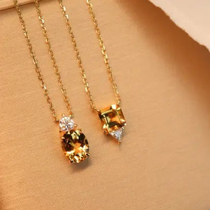 Colar Quadrado Citrino Natural e Moissanite com Banho de Ouro