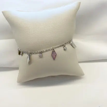 Pulseira Pingentes Losango e Ponto de Luz em Prata com Rodio
