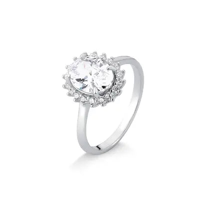 Anel Zirconia Oval em Prata com Banho de Rodio
