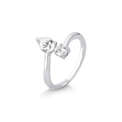 Anel Moissanite 2 Ponto de Luz Aberto em Prata com Banho de Rodio