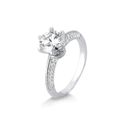 Anel Moissanite Redondo 6 Garras Cravejado em Prata com Banho de Rodio