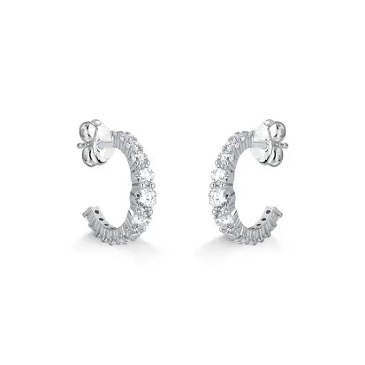 Brinco Meia Argola Moissanite em Prata com Banho de Rodio