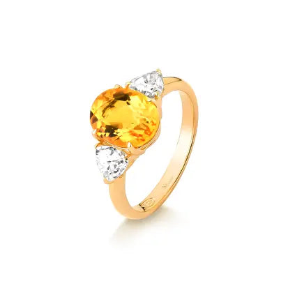 Anel Oval Citrino Natural e Moissanite com Banho de Ouro