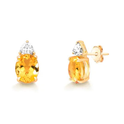 Brinco Oval Citrino Natural e Moissanite com Banho de Ouro