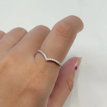 Anel V Cravejado Prata com Banho de Rodio