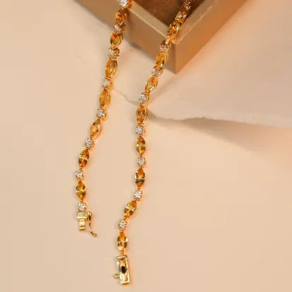 Pulseira Citrino Natural e Moissanite em Prata com Banho de Ouro