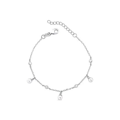 Pulseira Perola Natural com Moissanite em Prata com Rodio