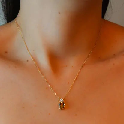 Colar Oval Citrino Natural e Moissanite com Banho de Ouro