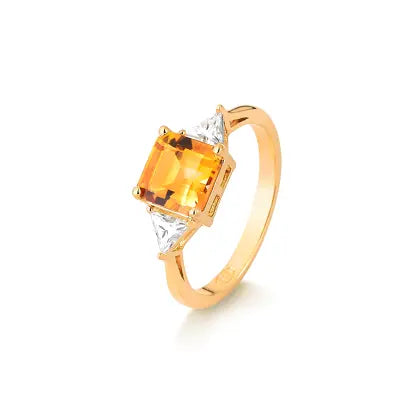 Anel Quadrado Citrino Natural e Moissanite com Banho de Ouro