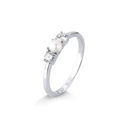 Anel Perola Natural com Moissanite em Prata com Rodio