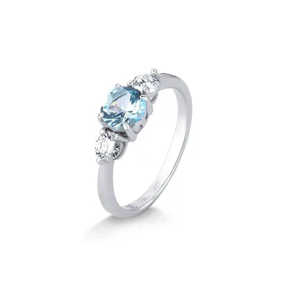Anel Moissanite com Topazio Azul Redondo em Prata com Banho de Rodio