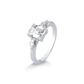 Anel Moissanite Retangular com Duas Gotas em Prata com Banho de Rodio