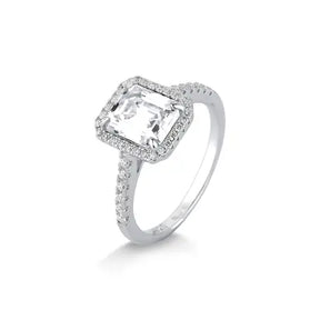 Anel Moissanite Retangular com Borda Cravejada em Prata com Banho de Rodio