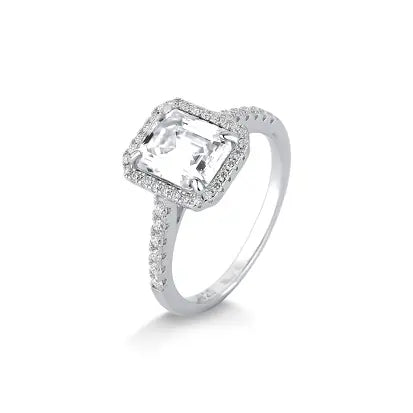 Anel Moissanite Retangular com Borda Cravejada em Prata com Banho de Rodio