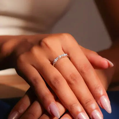 Anel Perola Natural e Moissanite em Prata com Rodio