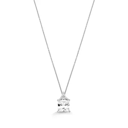 Colar Triangulo e Retangulo Cravejado com Zirconias em Prata com Banho de Rodio 40CM + 5CM