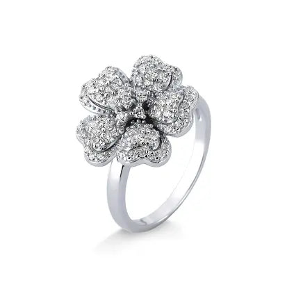 Anel Flor Pave de Zirconia em Prata com Rodio
