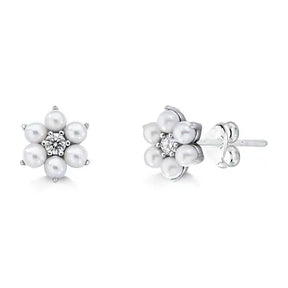Brinco Flor Perola Natural e Moissanite em Prata com Rodio