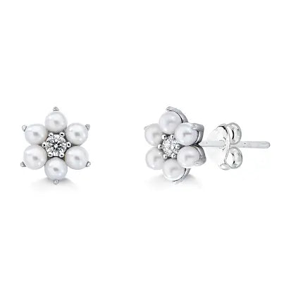 Brinco Flor Perola Natural e Moissanite em Prata com Rodio