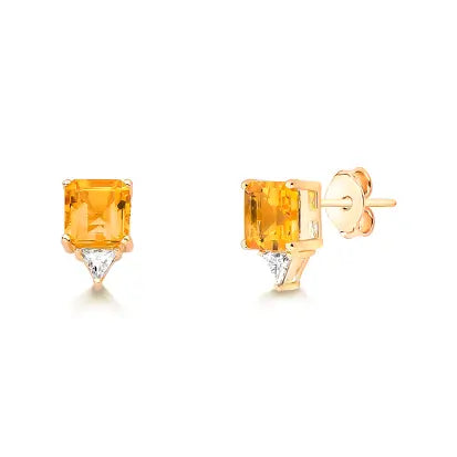 Brinco Quadrado Citrino Natural e Moissanite com Banho de Ouro
